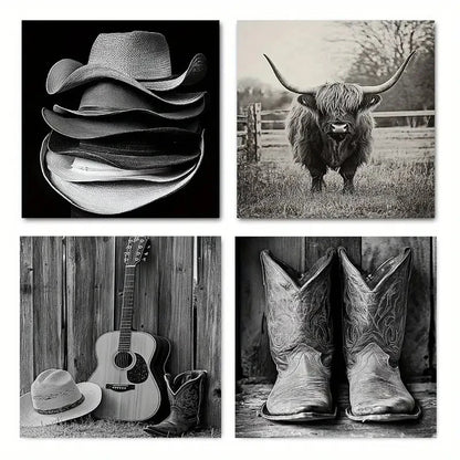 4pcs Highland Cow Print Boots Straw Hat Wall Art Canvas Framed