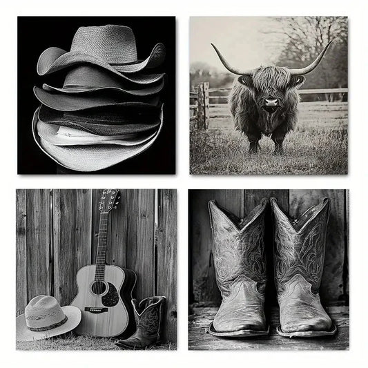 4pcs Highland Cow Print Boots Straw Hat Wall Art Canvas Framed