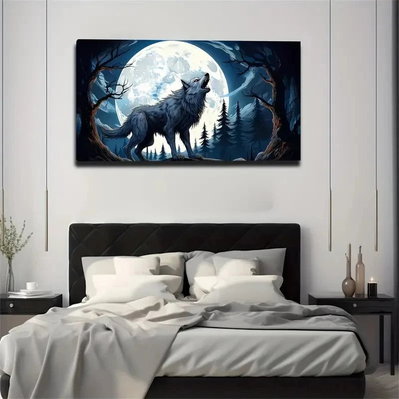 Wolf & Moon Modern Wilderness Wall Art Canvas Office Home Room Framed 120x60cm