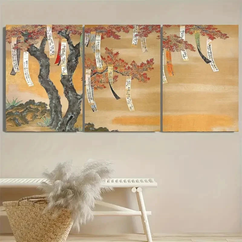 3pcs Japanese Autumn Maple Poem Slips Wall Art Set Canvas Framed 40x60cm - High Quality Print 100% Australian Made Wall Canvas Ready to Hang
