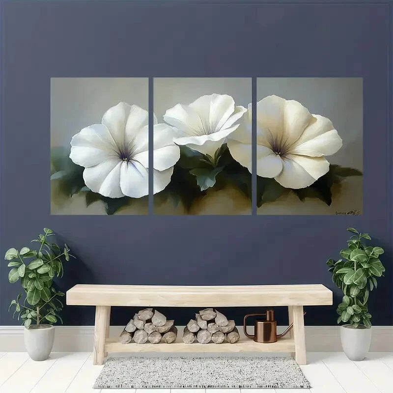 3pcs Serene Floral Elegant White Petunia Metal Print Ready to Hang Art - Bella Home Decor
