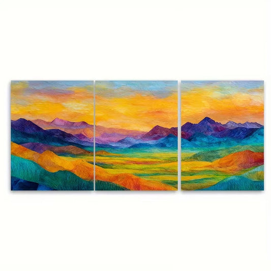 3pcs Sunrise Over Valley with an Abstract Mountain Metal Print Ready to Hang Art