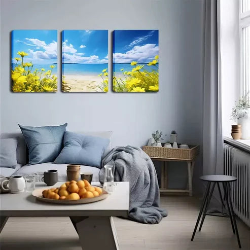 3pcs Yellow Flowers On The Beach Wall Art Set Wall Art Canvas Unframed - High Quality Print 100% Australian Made Wall Canvas