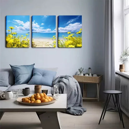 3pcs Yellow Flowers On The Beach Wall Art Set Wall Art Canvas Unframed - High Quality Print 100% Australian Made Wall Canvas