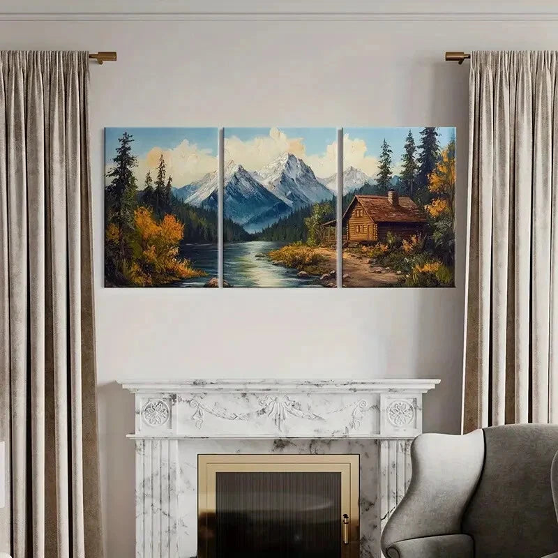 3pcs Mountain Retreat Log Cabin Autumn Colors Metal Print Ready to Hang Art - Bella Home Decor