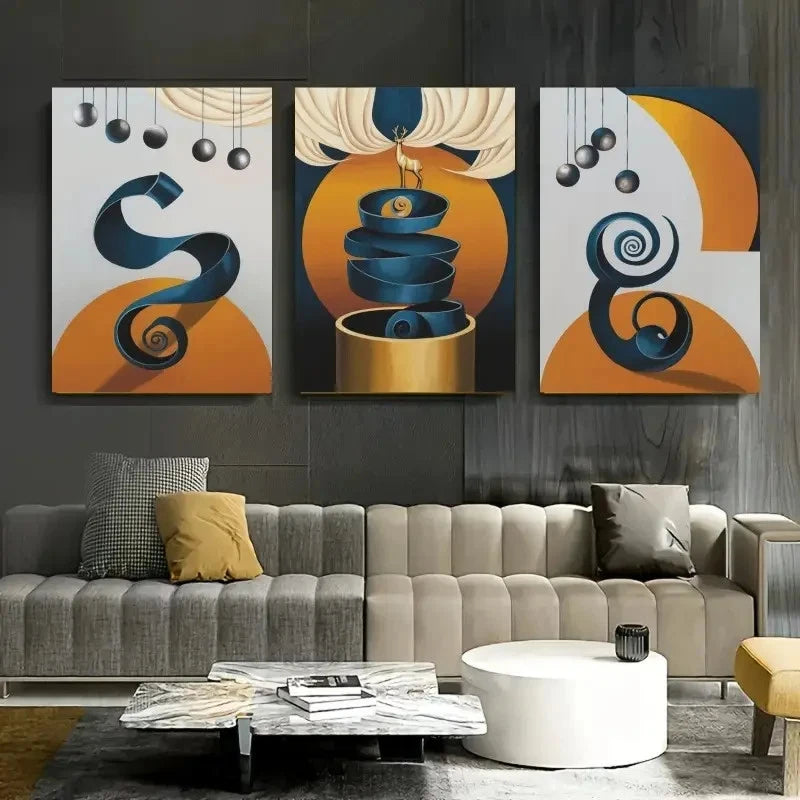 3pcs  Abstract Sculpture Blue, Orange & Golden  Wall Art Set Canvas Framed 40x60cm - High Quality Print 100% Australian Made Wall Canvas Ready to Hang - Bella Home Decor
