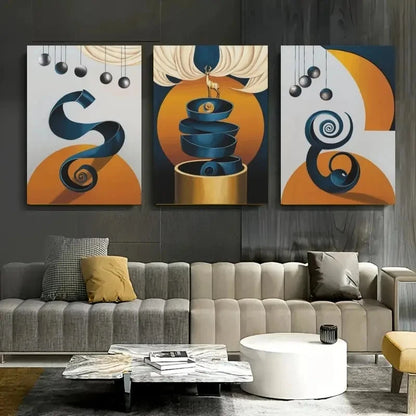 3pcs  Abstract Sculpture Blue, Orange & Golden  Wall Art Set Canvas Framed 40x60cm - High Quality Print 100% Australian Made Wall Canvas Ready to Hang - Bella Home Decor