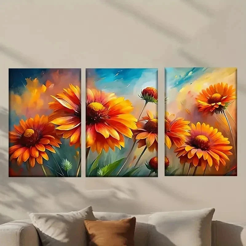 3pcs Painting of Orange Flowers Wall Art Set Canvas Framed 50x70cm - High Quality Print 100% Australian Made Wall Canvas Ready to Hang