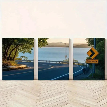 3pcs Blue Lake, Curved Road, Green Trees Wall Art Set Canvas Framed 50x70cm - High Quality Print 100% Australian Made Wall Canvas Ready to Hang - Bella Home Decor