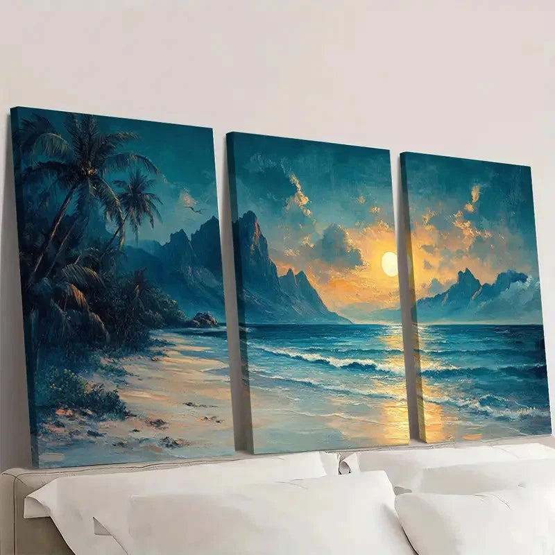3pcs Tropical Beach Scene with Palm Trees T Wall Art Set Canvas Framed 60x90cm - High Quality Print 100% Australian Made Wall Canvas Ready to Hang - Bella Home Decor