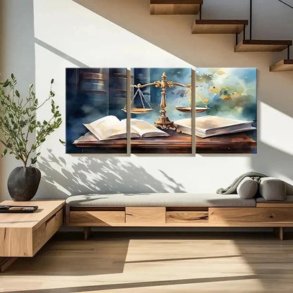 3pcs Golden Scales & Open Books Lawyers Office Wall Art Set Canvas Framed 50x70cm - High Quality Print 100% Australian Made Wall Canvas Ready to Hang - Bella Home Decor
