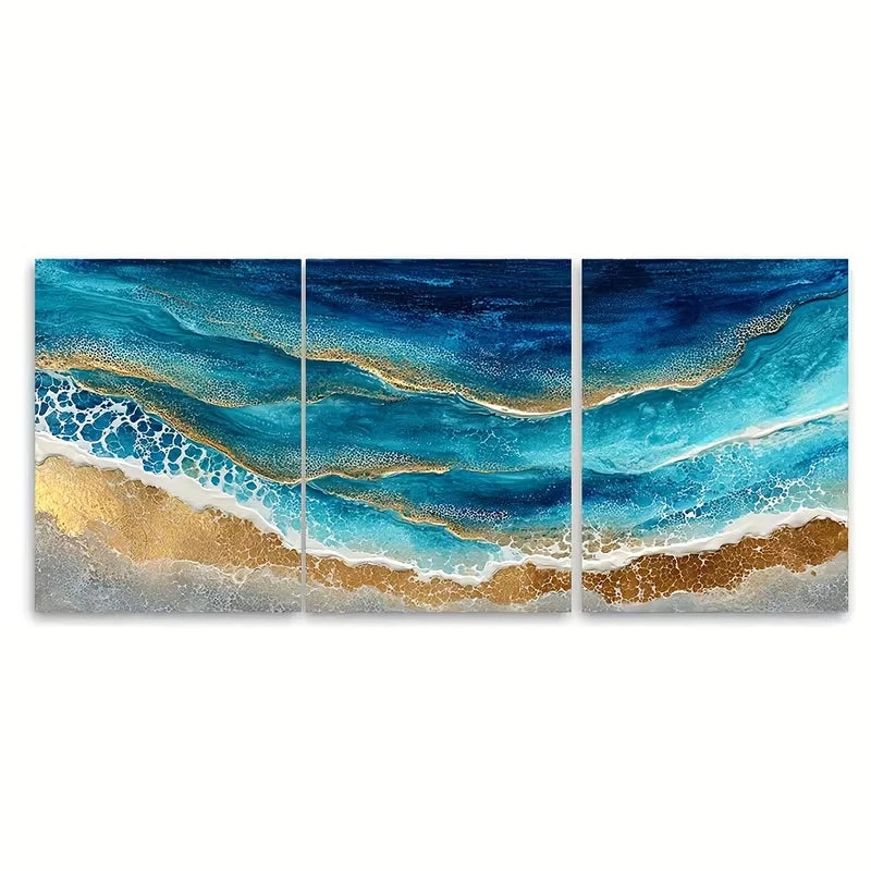 3pcs Abstract Ocean Painting Golden Seascape Metal Print Ready to Hang Art - Bella Home Decor