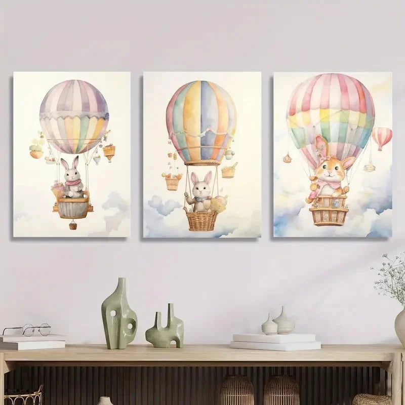 3pcs Cartoon Hot Air Balloon Painting Metal Print Ready to Hang Art - Bella Home Decor
