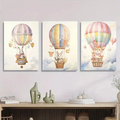 3pcs Cartoon Hot Air Balloon Painting Metal Print Ready to Hang Art - Bella Home Decor