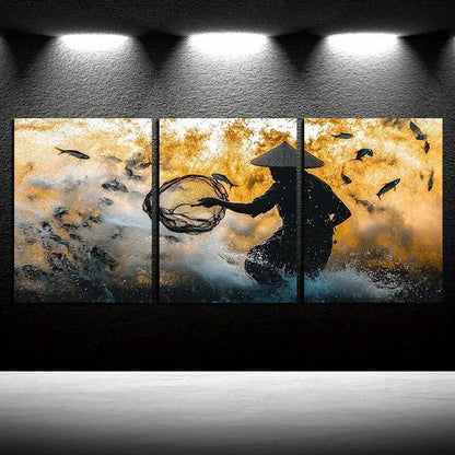 3pcs Fishermen on the sea surface Illustration Metal Print Ready to Hang Art - Bella Home Decor