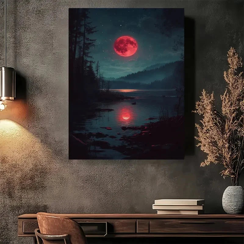 Beautiful Moonlit Forest Reflections Painting 40x60cm Metal Print Ready to Hang - Bella Home Decor