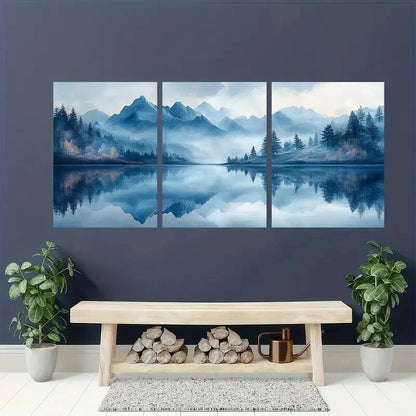3pcs Serene Landscape Blue & Golden Hues Metal Print Ready to Hang Art - Bella Home Decor