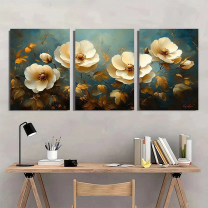 3pcs Vintage White Flowers Elegant Roses Metal Print Ready to Hang Art - Bella Home Decor