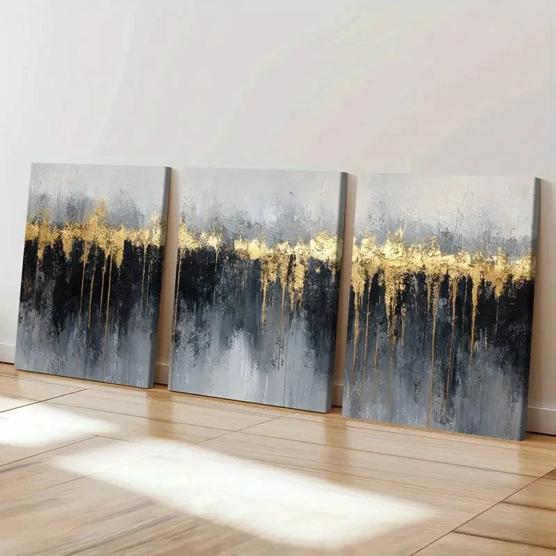 3pcs Black & White Abstract Golden Painting   Wall Art Set Canvas Framed 60x90cm - High Quality Print 100% Australian Made Wall Canvas Ready to Hang - Bella Home Decor