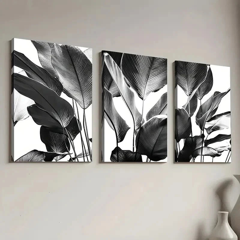 3pcs Black and White Nature Plant Leaf  BWNP    Wall Art Set Canvas Framed 50x70cm - High Quality Print 100% Australian Made Wall Canvas Ready to Hang - Bella Home Decor