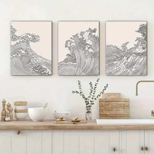 3pcs Modern Ocean Wave Line Metal Print Ready to Hang Art