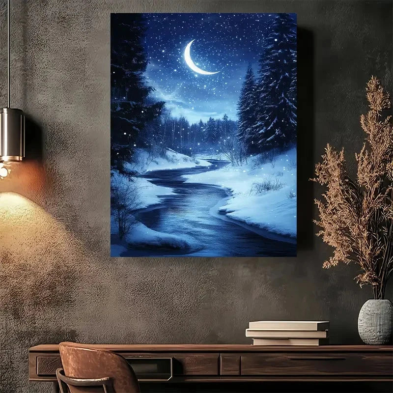 Beautiful Snowy Landscape with River Painting 40x60cm Metal Print Ready to Hang - Bella Home Decor