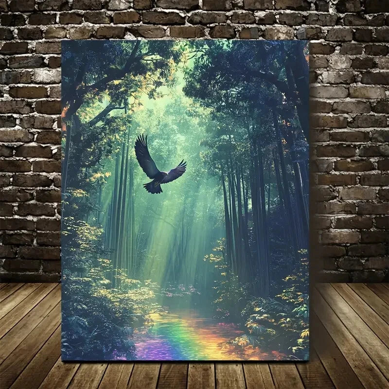 Serene Hawk in Bamboo Grove with Rainbow Painting 40x60cm Metal Print Ready to Hang