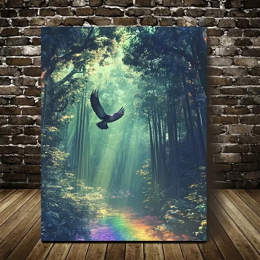Serene Hawk in Bamboo Grove with Rainbow Painting 40x60cm Metal Print Ready to Hang