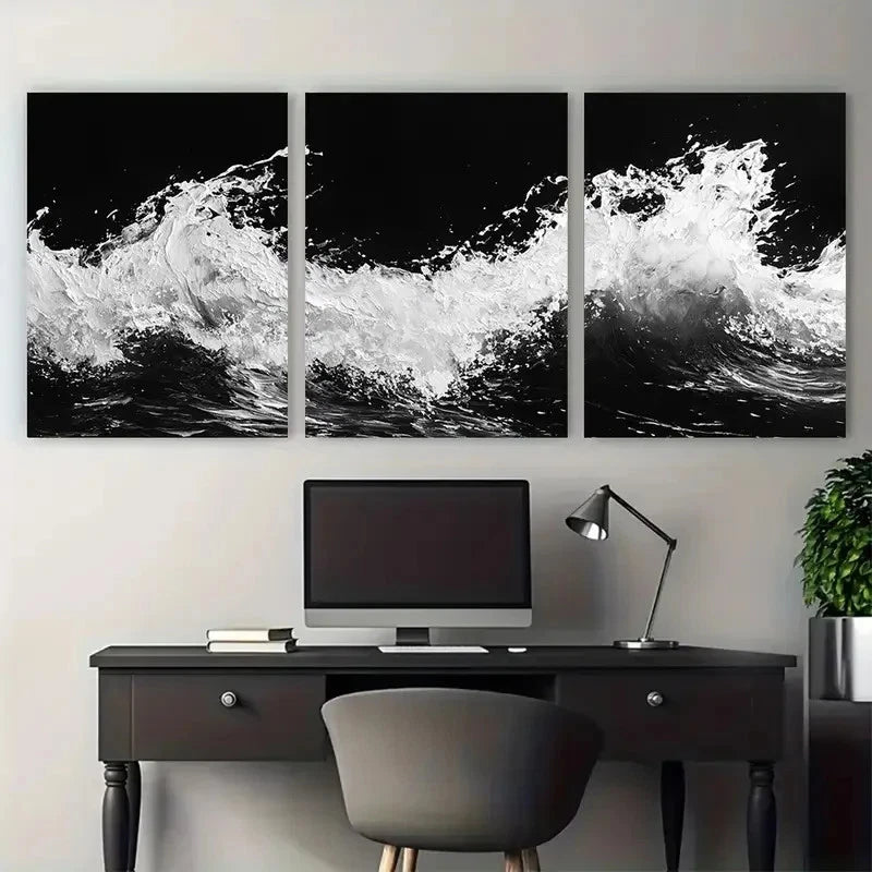 3pcs Black and White Ocean Beach Abstract Design Wall Art Set Canvas Framed 60x90cm - High Quality Print 100% Australian Made Wall Canvas Ready to Hang - Bella Home Decor