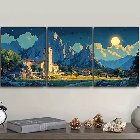 3 PCS Painting A Church Under The Mountains Wall Art Set Canvas Unframed - High Quality Print 100% Australian Made Wall Canvas - Bella Home Decor