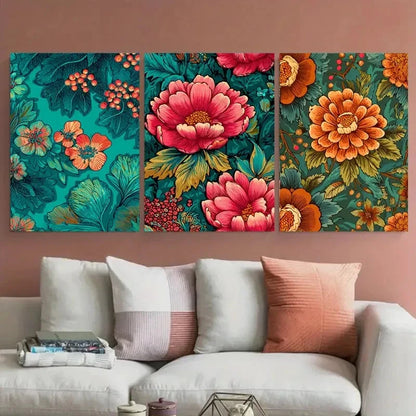 3pcs Vintage Bangkok Floral Thailand Design Wall Art Set Canvas Framed 40x60cm - High Quality Print 100% Australian Made Wall Canvas Ready to Hang