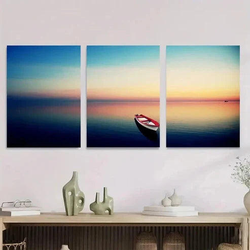3pcs Serene Sunset Boat Blue & Orange Sky Wall Art Set Canvas Unframed - High Quality Print 100% Australian Made Wall Canvas