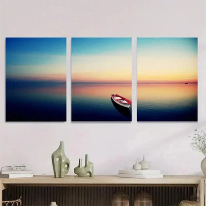 3pcs Serene Sunset Boat Blue & Orange Sky Wall Art Set Canvas Unframed - High Quality Print 100% Australian Made Wall Canvas