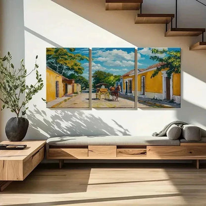 3pcs Horse Drawn Carriage Yellow Buildings Wall Art Canvas Unframed - High Quality Print 100% Australian Made Wall Canvas