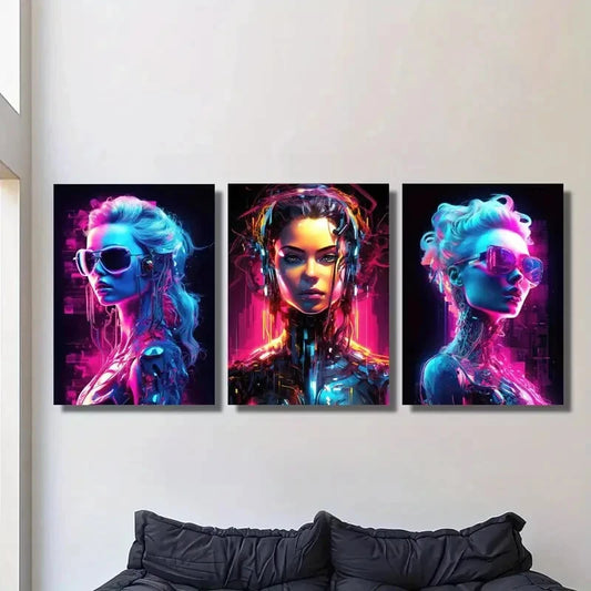 3pcs colorful female humanoid robot portrait Metal Print Ready to Hang Art