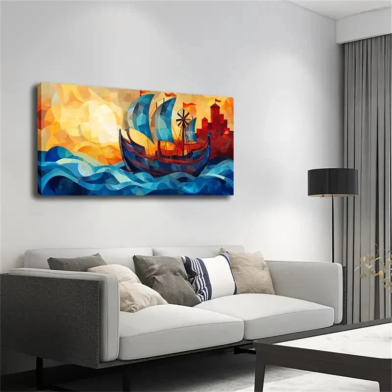 Blue Sailboat On Waves Décor Wall Art Canvas Office Home Room Framed 120x60cm - Bella Home Decor