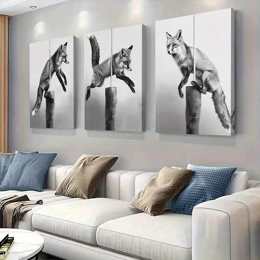 3pcsGraceful Movements of Fox in Black & White Art Set Canvas Framed 50x70cm - High Quality Print 100% Australian Made Wall Canvas Ready to Hang