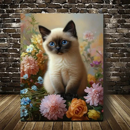 Flowers And Plants Cute Siamese Cat Kitten Painting 40x60cm Metal Print Ready to Hang