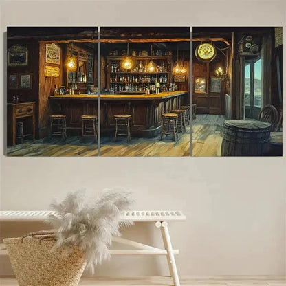 3pcs Old Timey Western Bar Vintage Bar Wall Art Set Canvas Framed 50x70cm - High Quality Print 100% Australian Made Wall Canvas Ready to Hang - Bella Home Decor