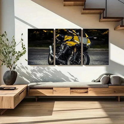 3pcs Modern Vehicle Yellow Motorcycle Wall Art Set Canvas Framed 60x90cm - High Quality Print 100% Australian Made Wall Canvas Ready to Hang