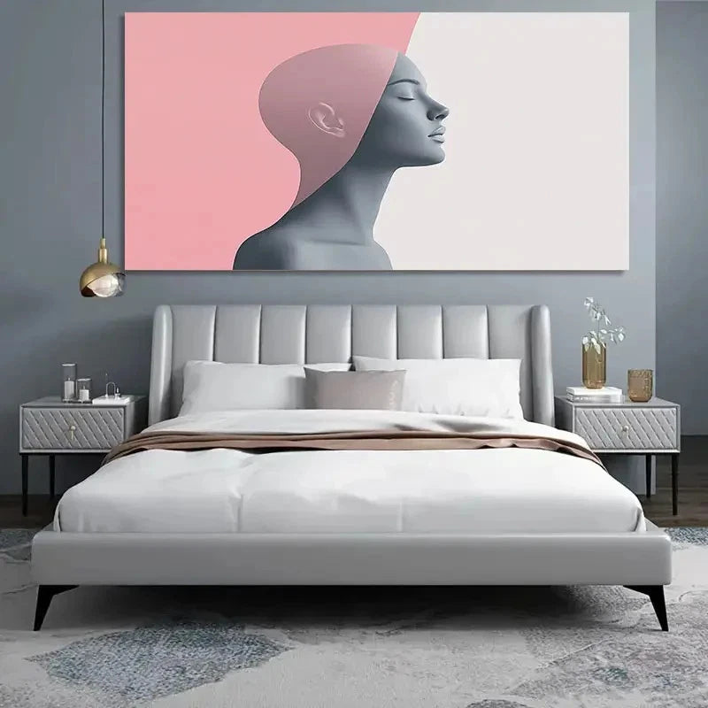 Minimalist Woman Profile Pink Wall Art Canvas Office Home Room Framed 120x60cm