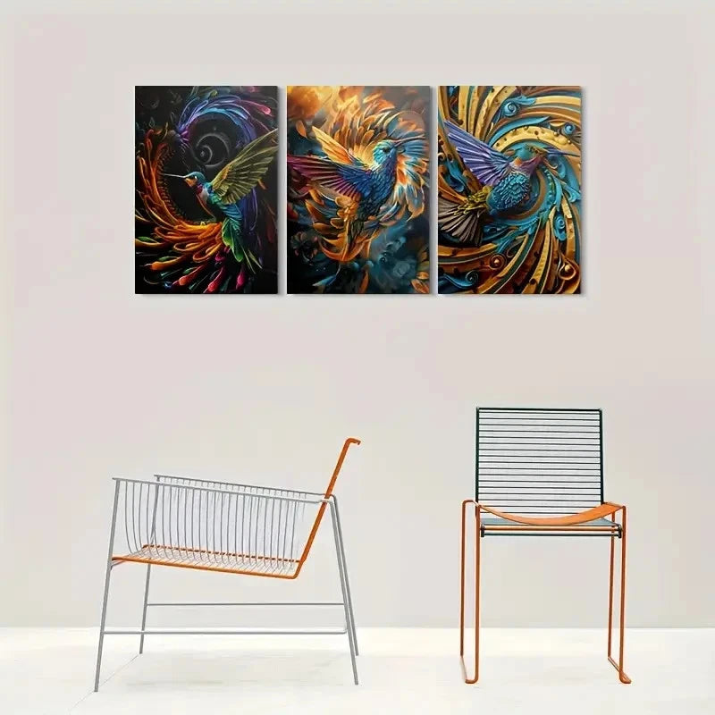 3pcs Colorful Hummingbird Abstract Metal Print Ready to Hang Art - Bella Home Decor