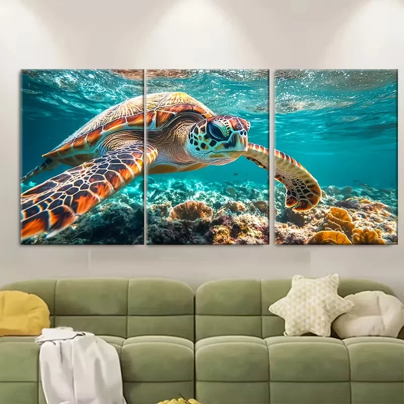 3pcs Aquatic Serene Underwater Turtle Metal Print Ready to Hang Art - Bella Home Decor