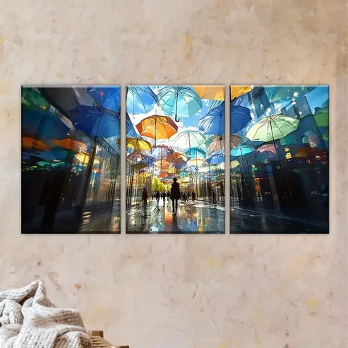 3pcs City Street with Colorful Umbrellas Wall Art Set Canvas Unframed - High Quality Print 100% Australian Made Wall Canvas