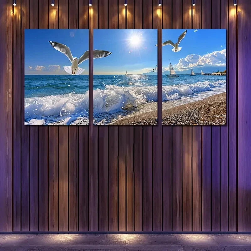 3pcs Beach with Seagulls Sailboats & Sunlit Sky Wall Art Set Canvas Framed 50x70cm - High Quality Print 100% Australian Made Wall Canvas Ready to Hang - Bella Home Decor