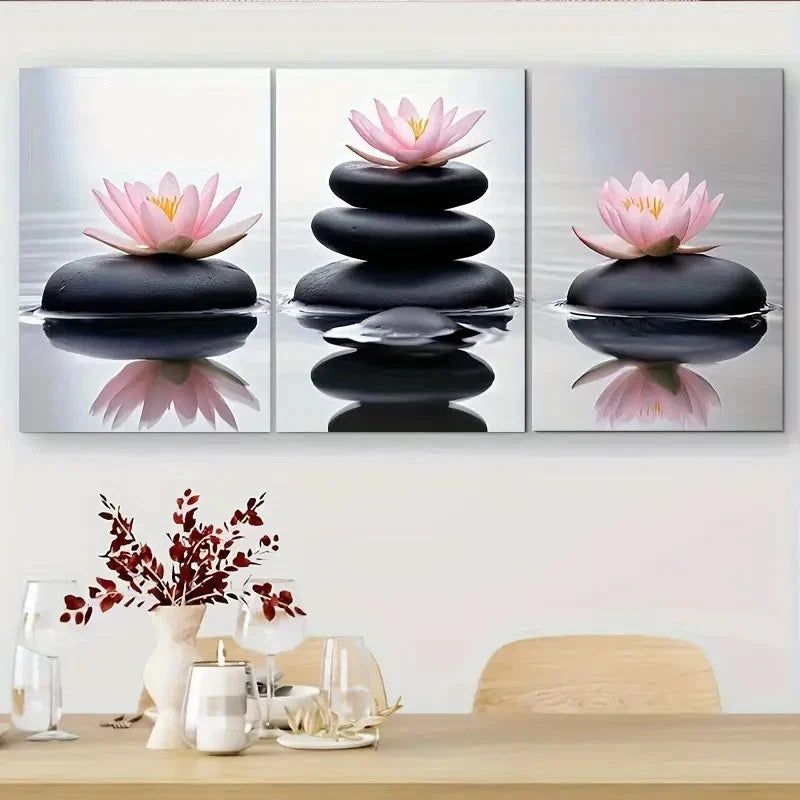 3pcs Peaceful Pink for Lotus and Zen Stone Metal Print Ready to Hang Art