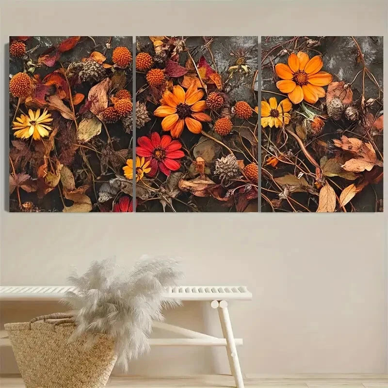 3pcs Cozy Fall Autumn Wildflower Illustration Metal Print Ready to Hang Art - Bella Home Decor