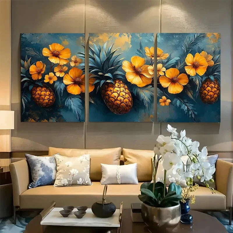 3pcs Bright Pineapples And Flowers Hanging Design Metal Print Ready to Hang Art