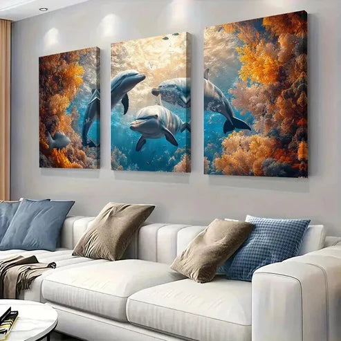 3pcs Coral Reef Symphony with Dolphins Wall Art Canvas Unframed - High Quality Print 100% Australian Made Wall Canvas - Bella Home Decor