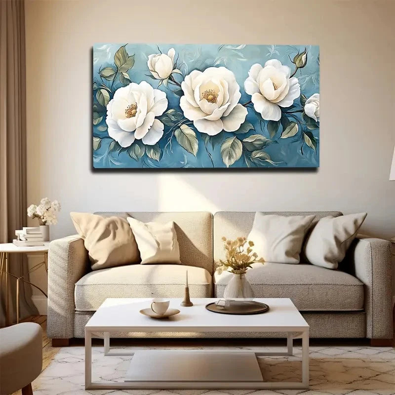 White Peonies & Blue Modern Wall Art canvas office home room framed 120x60cm